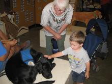 Petting a dog with Grandma.