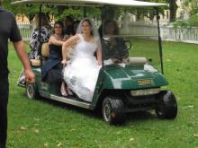 It was a wet day so Kathy arrived wearing plastic around her dress.